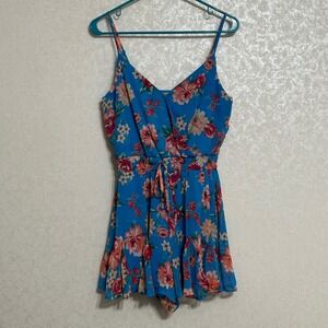 Mi Ami Floral Print Faux Wrap V-neck‎ Romper Spaghetti Strap Tie Waist Blue Sz M